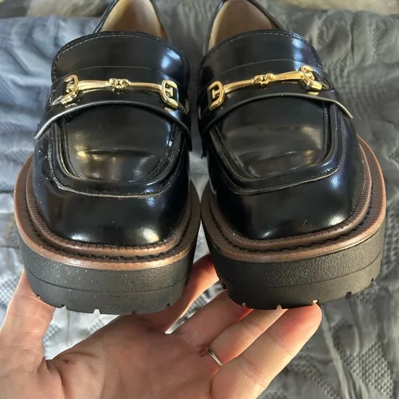 Sam Edelman Laurs platform Black leather Lug Sole Loafers w/Gold Accent Sz 7.5 - Picture 5 of 11